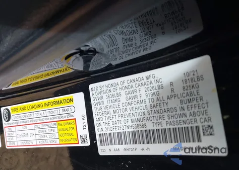 2022 Honda Civic Lx из США, поврежденный, VIN 2HGFE2F27NH538568